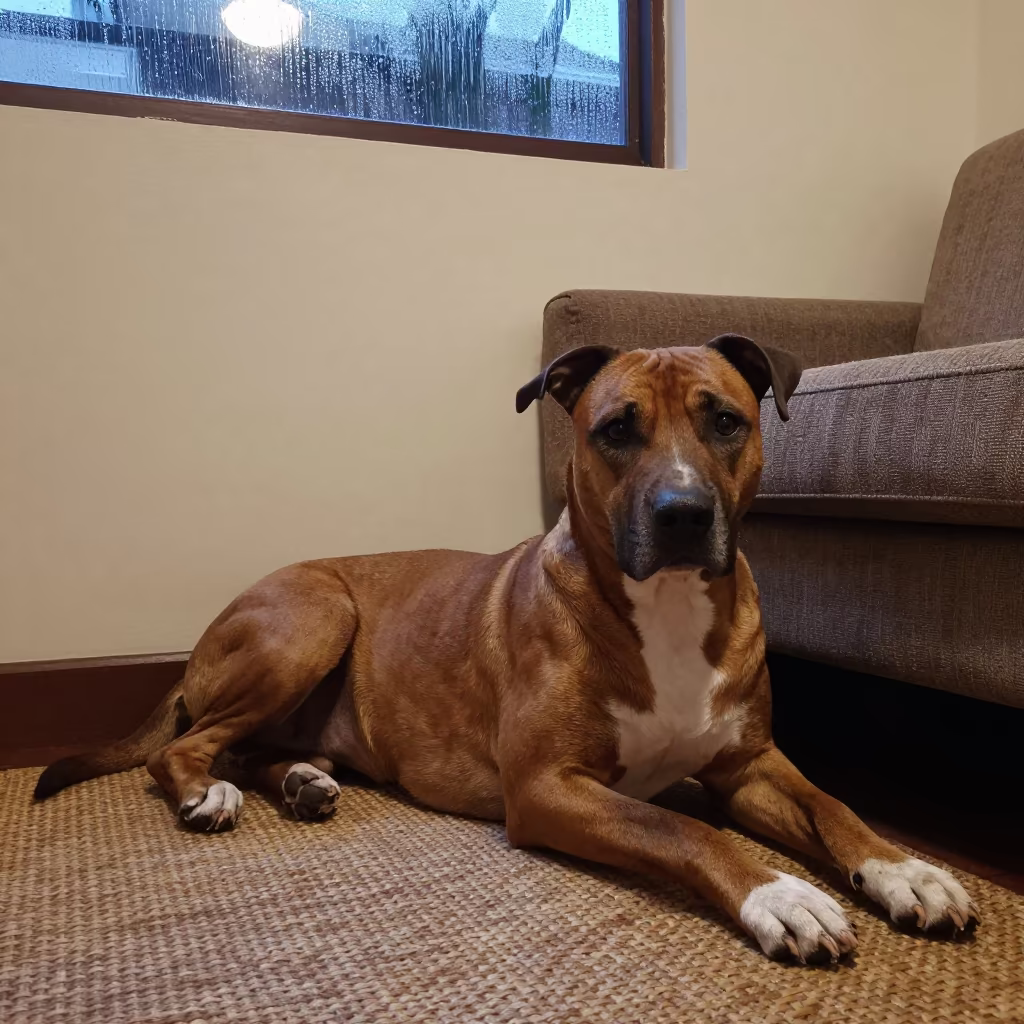 Treeing Tennessee Brindle Dog Twilight Resting in on a woven rug beside a low couch and an uncluttered wall in Santiago de los Caballeros