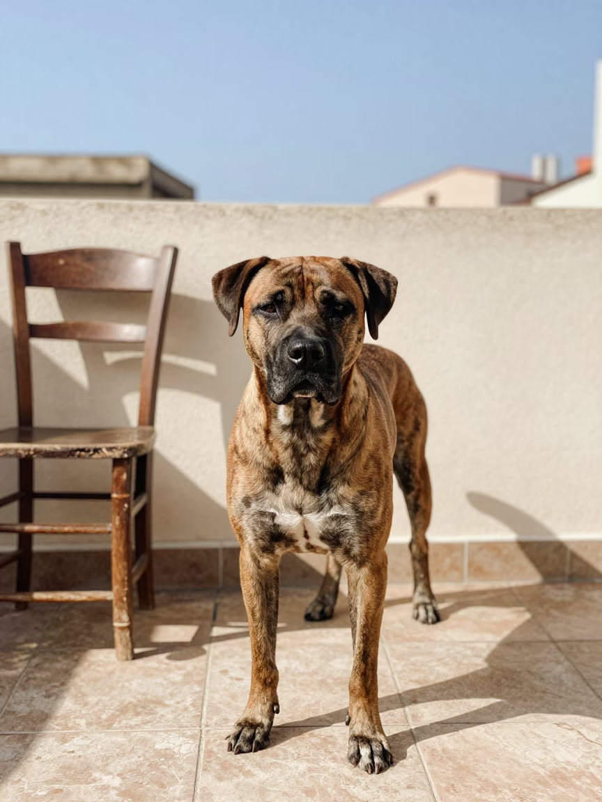 Treeing Tennessee Brindle Portrait Beside Courtyard Wall in beside a plain courtyard wall in clear daylight with the animal at eye level in Messina