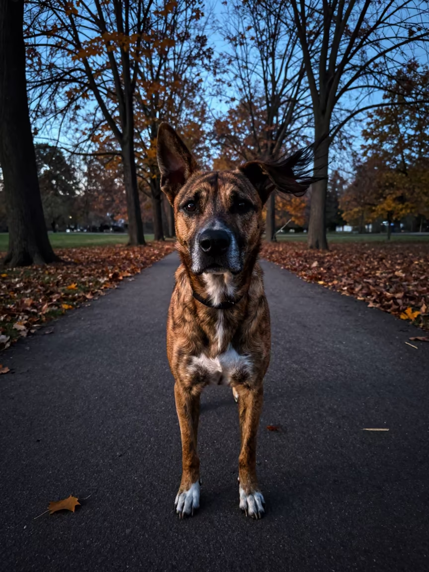 Treeing Tennessee Brindle Portrait in Evening Shade in along a quiet park path with soft open shade and a clean background near Meerut