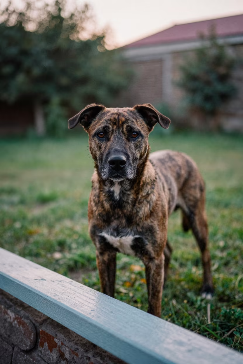 Treeing Tennessee Brindle Portrait in Kutaisi Dawn in near a garden edge with soft morning light and an uncluttered background in Kutaisi