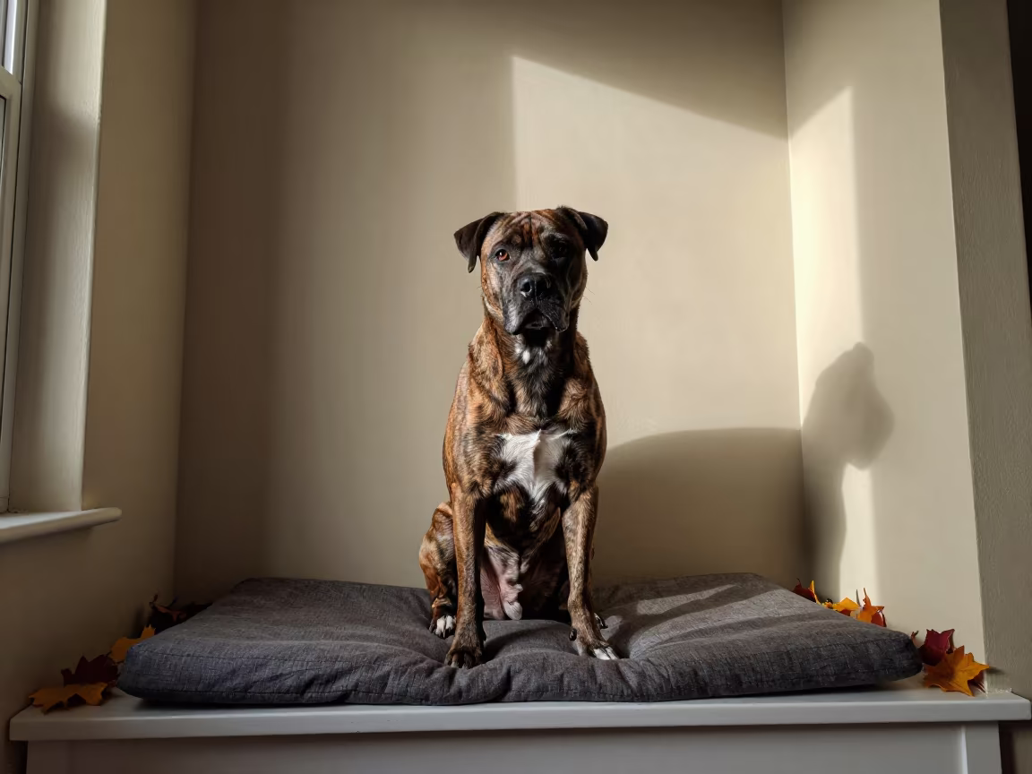 Treeing Tennessee Brindle Portrait on Window Seat in on a cushioned window seat with soft side light and an uncluttered background near Pristina