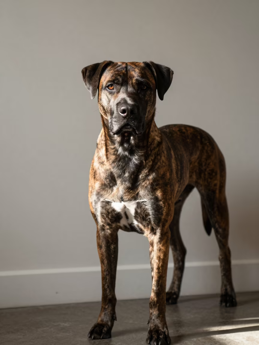 Treeing Tennessee Brindle Portrait San Francisco in beside a plain plaster wall in soft indoor light with the animal centered in frame in San Francisco