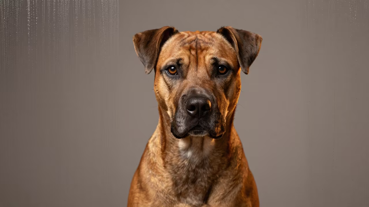 Treeing Tennessee Brindle Portrait Studio in in a quiet portrait studio with a plain backdrop and eye-level framing in Stone Town