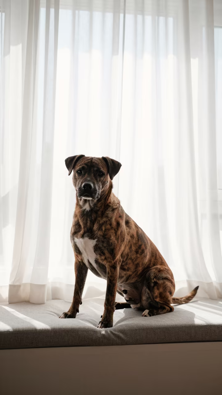 Treeing Tennessee Brindle Portrait Window Seat in on a cushioned window seat with soft side light and an uncluttered background in Lublin