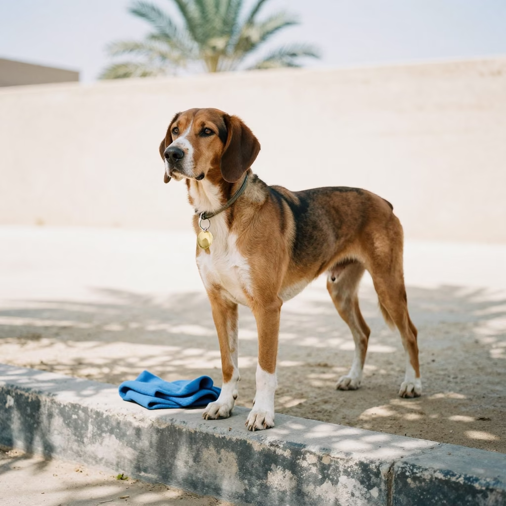 Treeing Walker Coonhound in Giza Yard Shade in along a quiet park path with soft open shade and a clean background in Giza