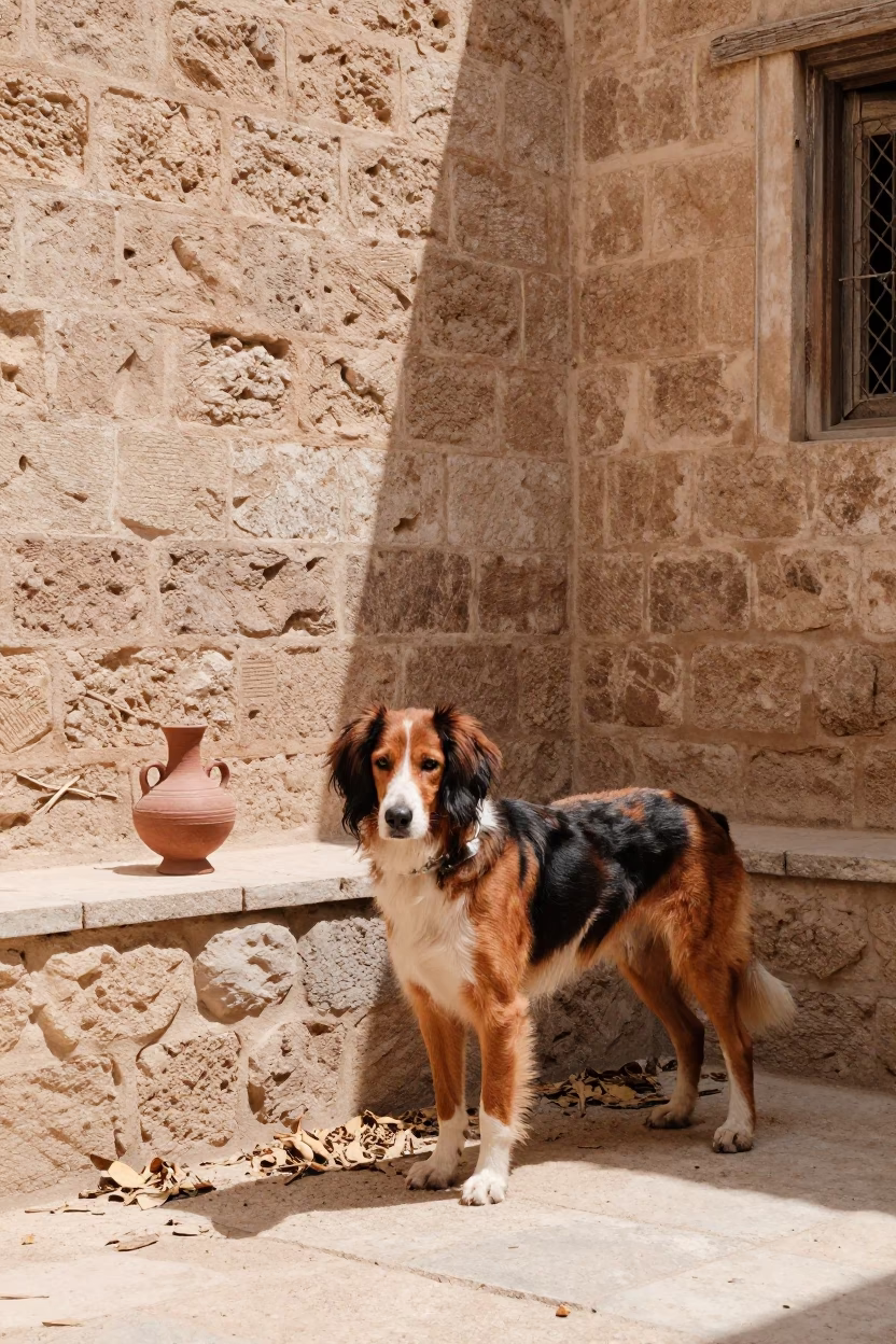 Treeing Walker Coonhound in Sana'a Courtyard in beside a plain courtyard wall in clear daylight with the animal at eye level in Sana'a