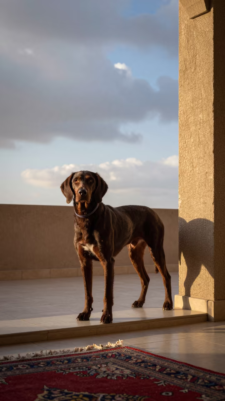 Treeing Walker Coonhound on Ahvaz Garden Threshold in near a garden edge with soft morning light and an uncluttered background in Ahvaz