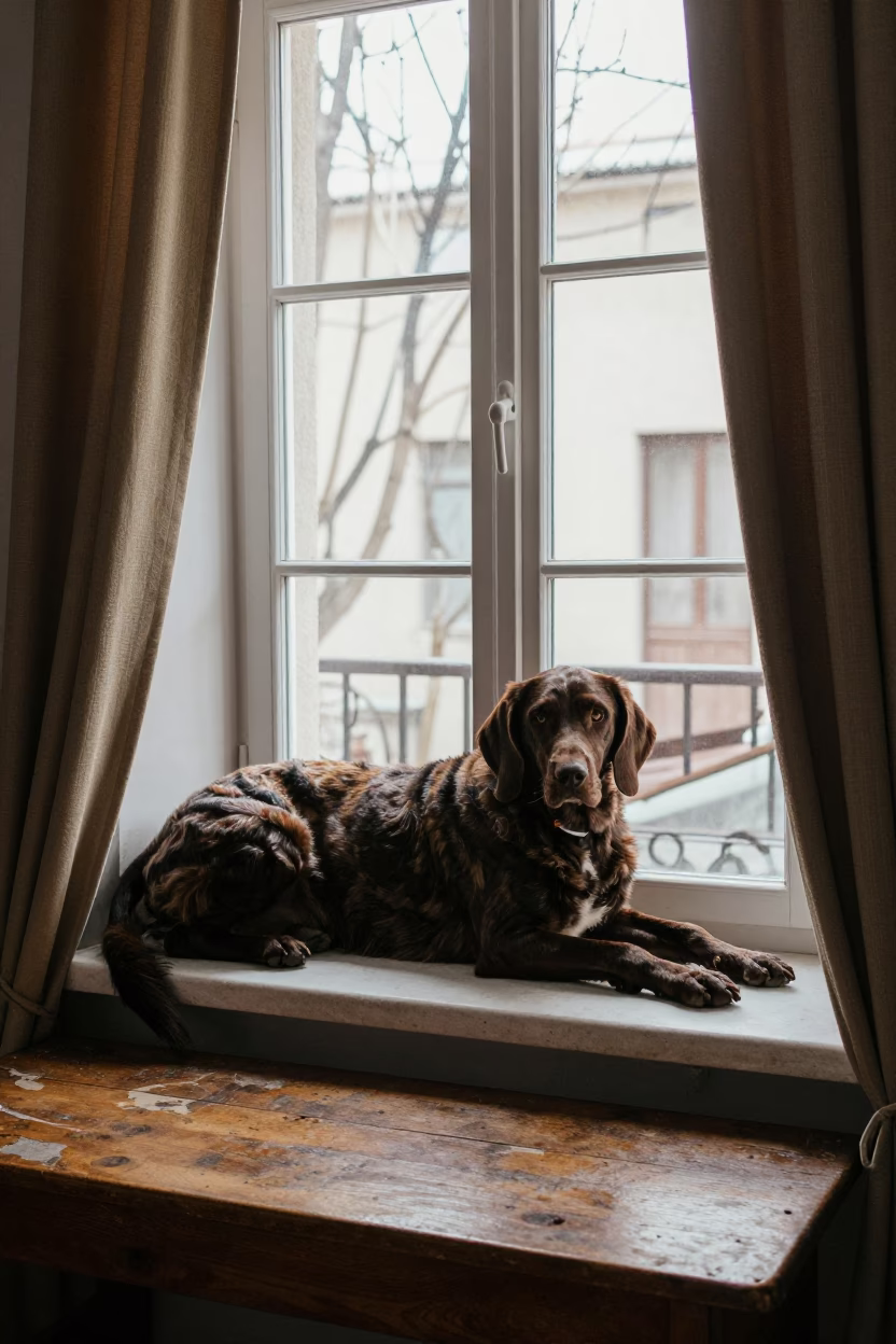 Treeing Walker Coonhound on Baghdad Window Seat in on a window seat in a quiet apartment with soft side light in Baghdad