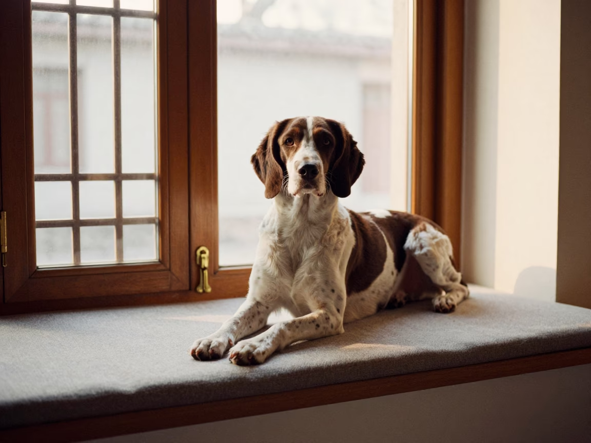 Treeing Walker Coonhound on Beijing Window Seat in on a cushioned window seat with soft side light and an uncluttered background in Beijing