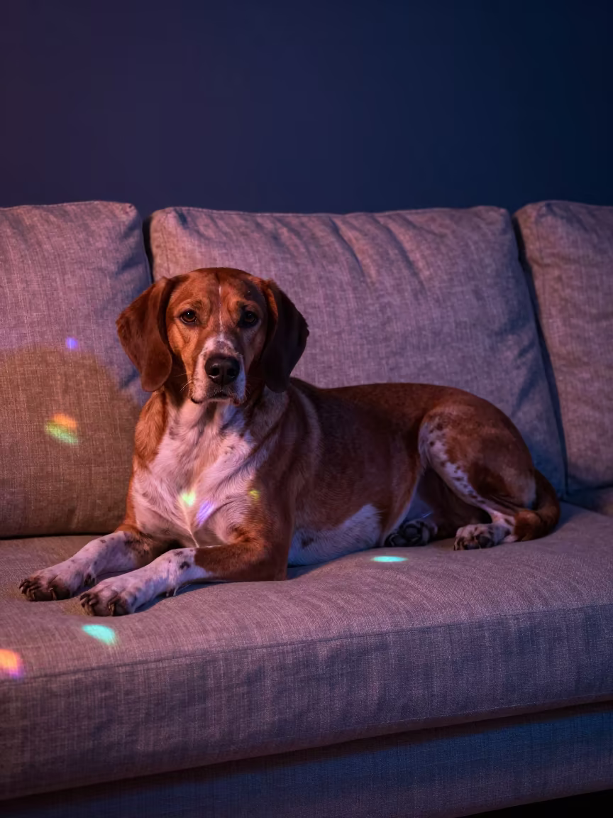 Treeing Walker Coonhound on Linen Sofa at Midnight in on a linen sofa with daylight from a nearby window near Faisalabad