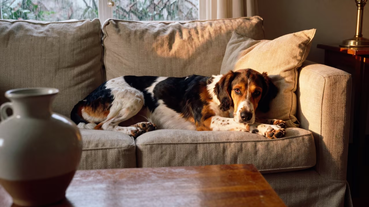 Treeing Walker Coonhound on Linen Sofa in on a linen sofa with daylight from a nearby window in Yola