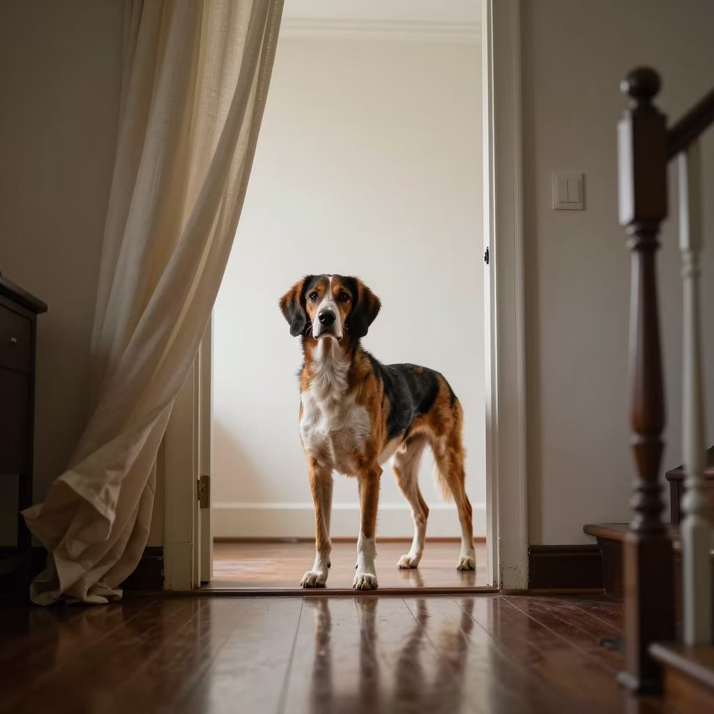 Treeing Walker Coonhound Portrait Algiers Threshold in in a quiet portrait studio with a plain backdrop and eye-level framing in Algiers