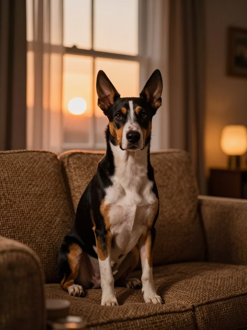 Treeing Walker Coonhound Portrait in Amber Light in on a sofa near a curtained window with calm indoor light near Guéckédougou