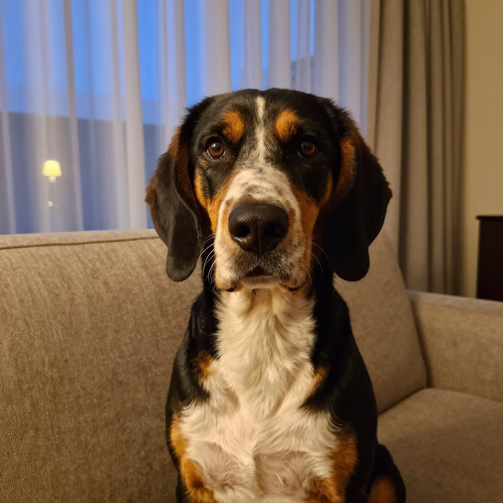 Treeing Walker Coonhound Portrait in Autumn Living Room in on a sofa near a curtained window with calm indoor light near Changchun