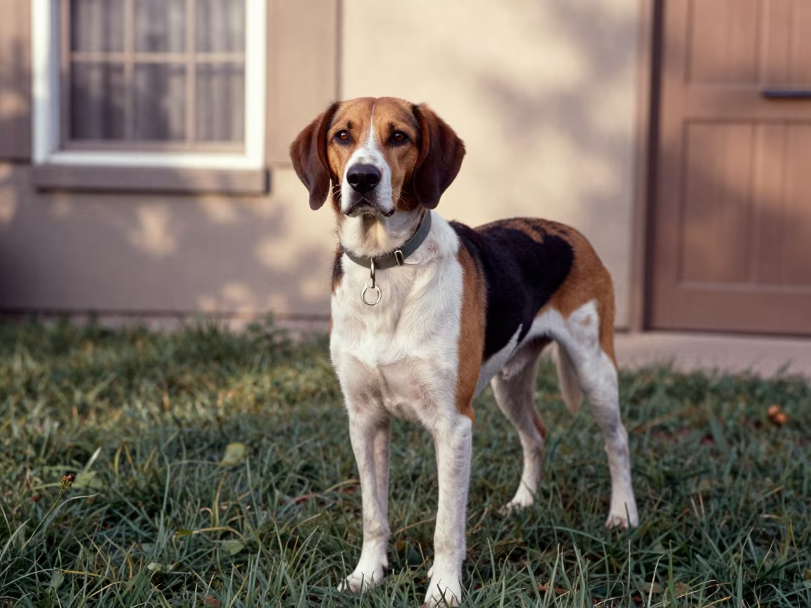Treeing Walker Coonhound Portrait in Palermo Yard in in a small yard with clipped grass, calm light, and the animal centered in frame in Palermo