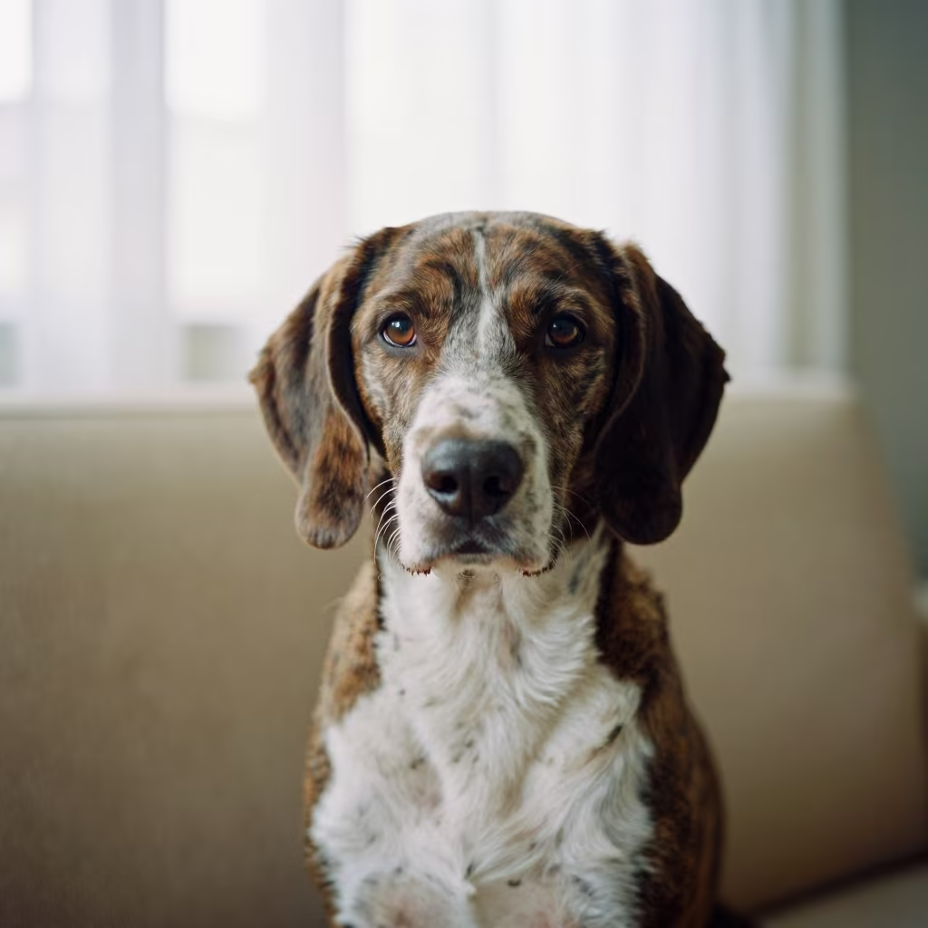 Treeing Walker Coonhound Portrait on Sofa in on a sofa near a curtained window with calm indoor light in Swabi