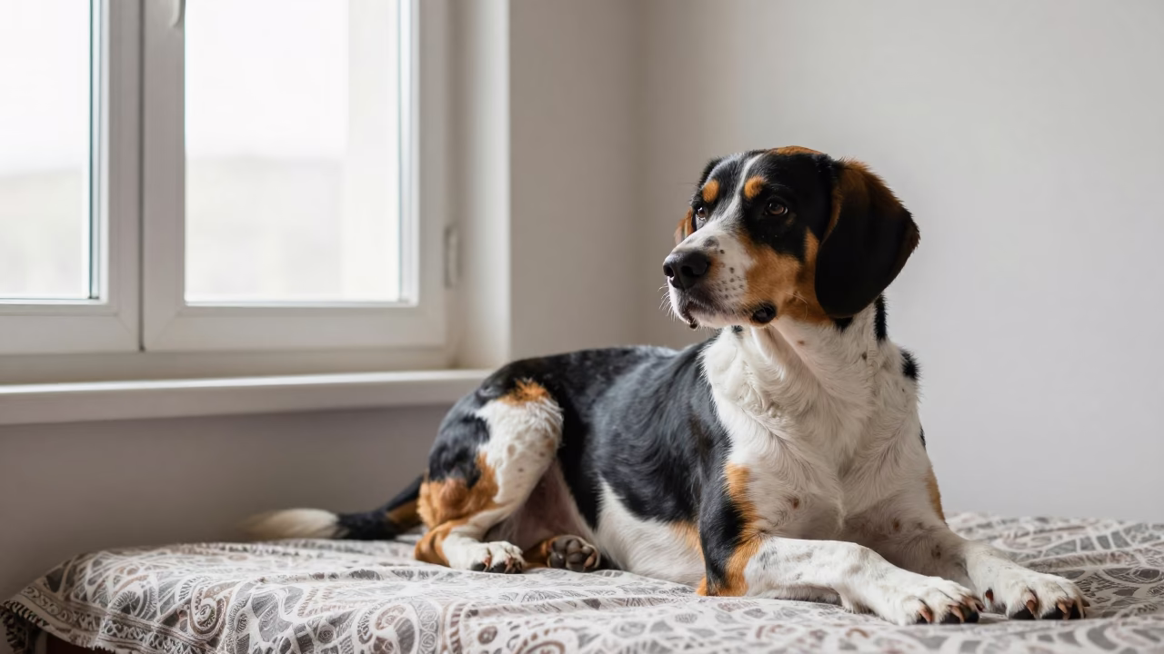 Treeing Walker Coonhound Resting on Bedspread Near Window in on a bedspread near a bright window with calm indoor light in Kohat
