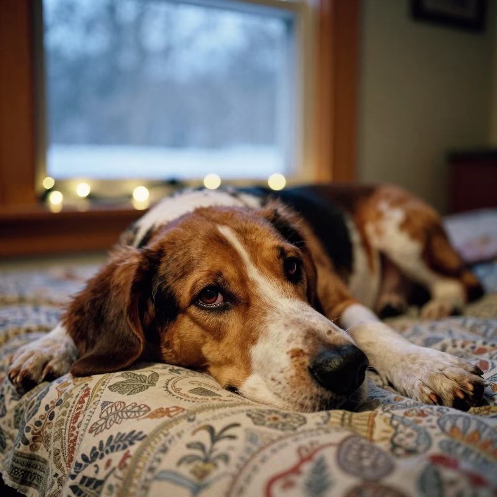 Treeing Walker Coonhound Resting on Bedspread in on a bedspread near a bright window with calm indoor light in Amman