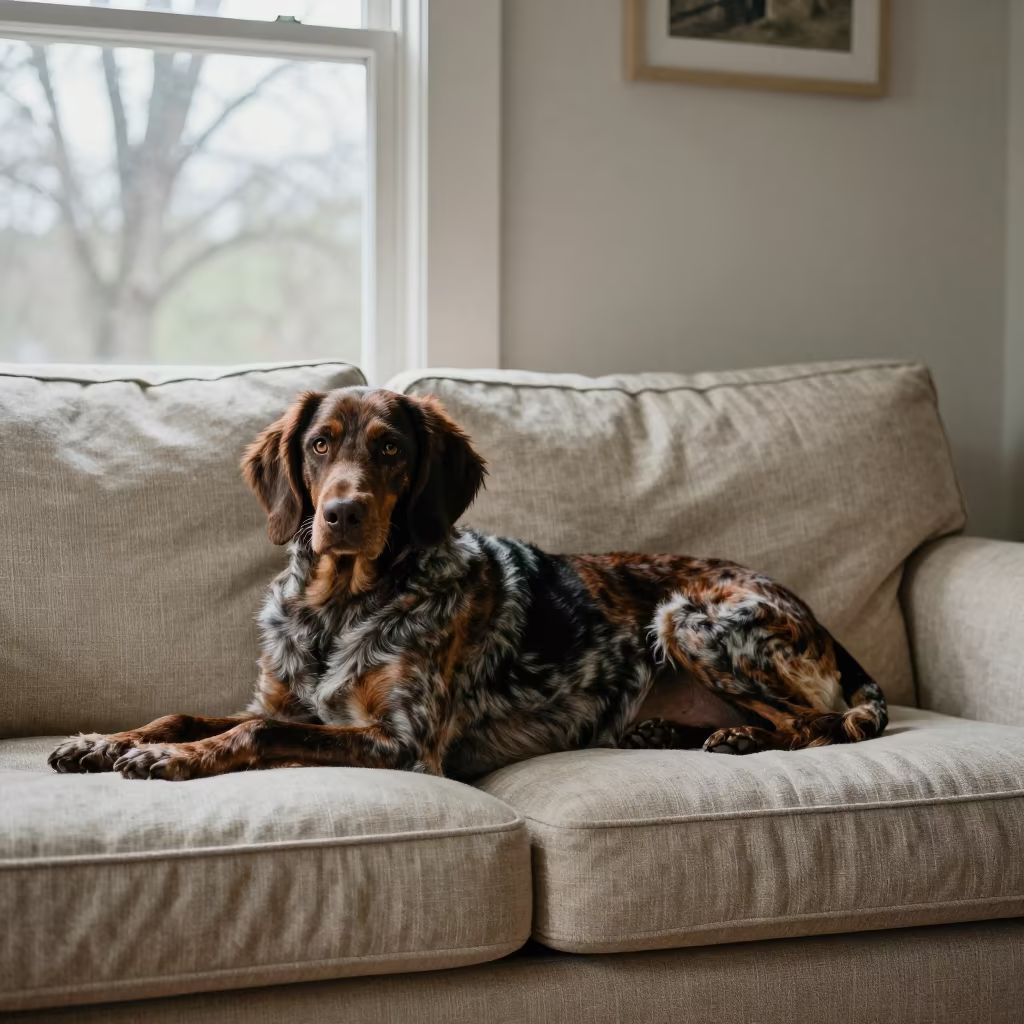 Treeing Walker Coonhound Resting on Linen Sofa in on a linen sofa with daylight from a nearby window near Agra