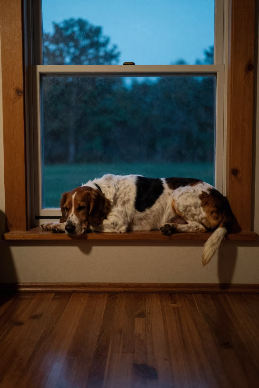 Treeing Walker Coonhound Resting on Window Seat in on a window seat in a quiet apartment with soft side light near Malmo