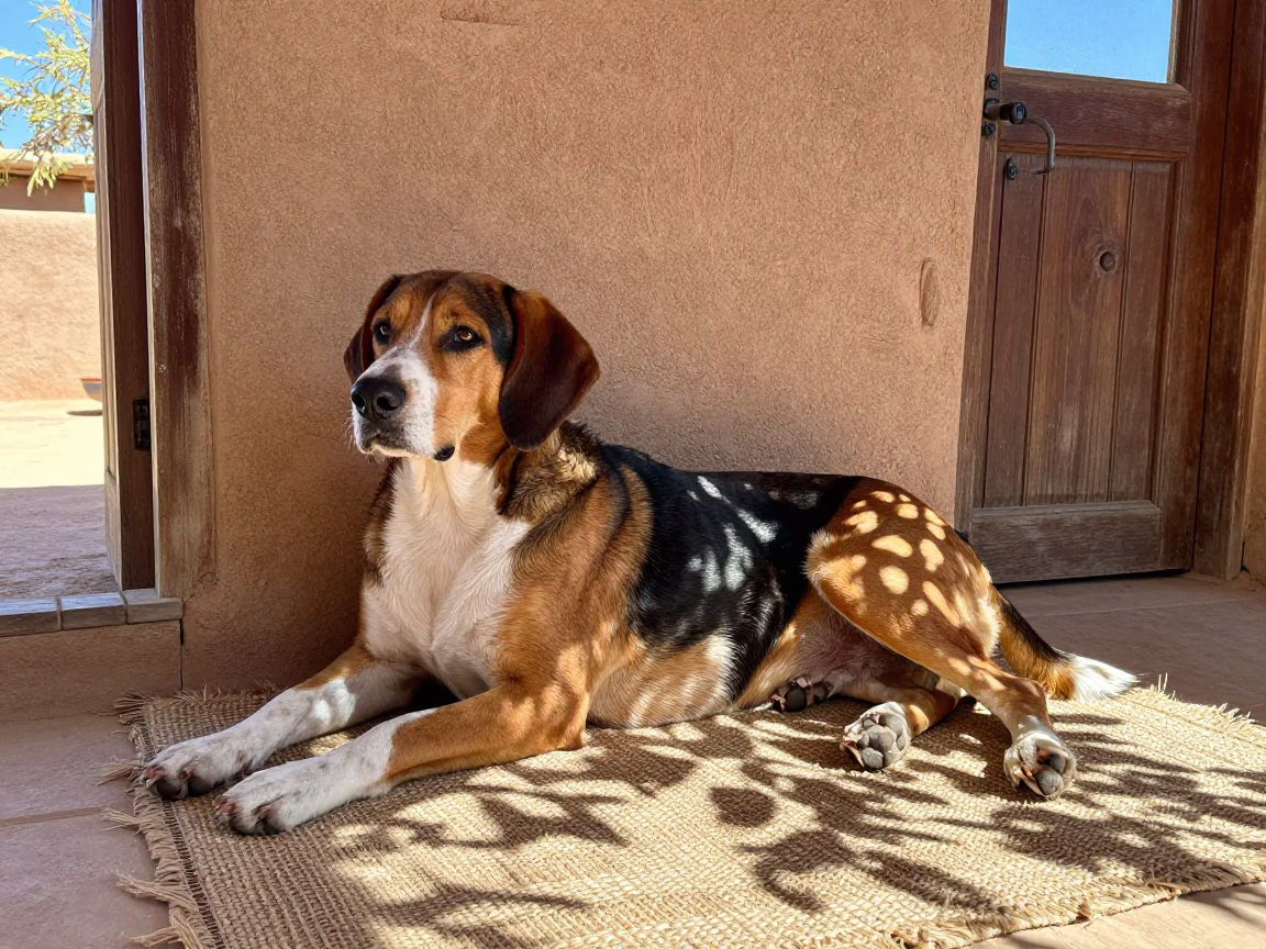 Treeing Walker Coonhound Resting on Woven Rug in on a woven rug beside a low couch and an uncluttered wall near Sullana