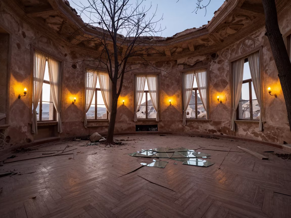 Trees Through Cracked Ballroom Floor in Cappadocia in in a derelict ward with shattered glass underfoot in Cappadocia