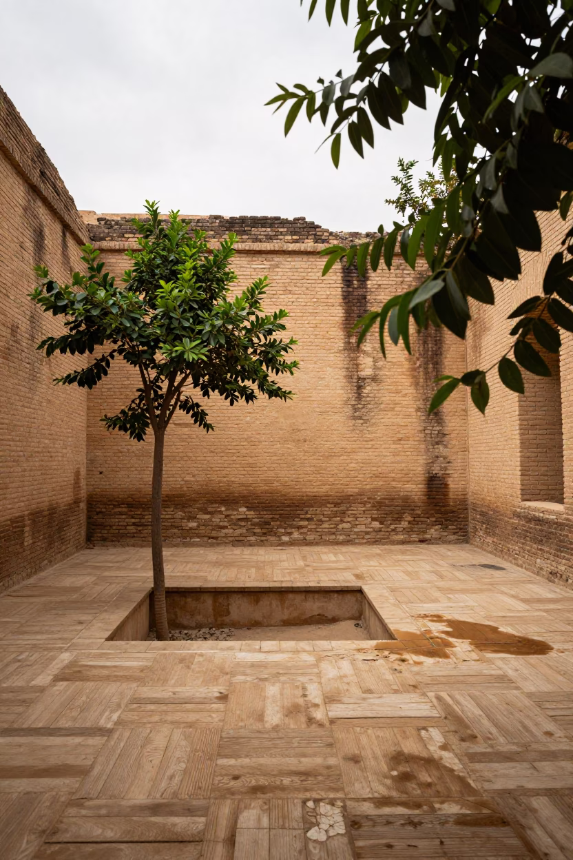 Trees in Roofless Tunisian Hammam Ruin in inside a roofless hammam in Tunisia
