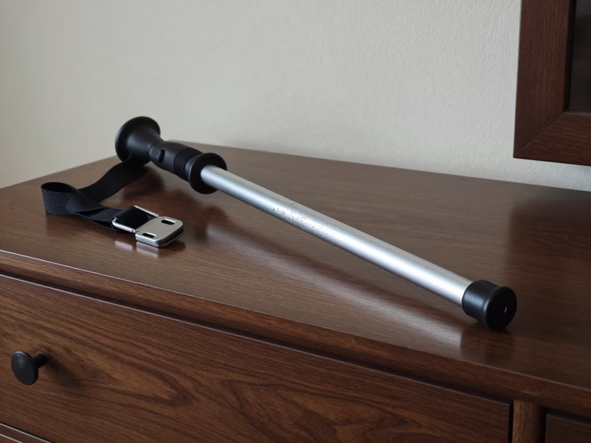 Trekking Pole on Moscow Dresser at Dawn in on a hotel dresser in Moscow