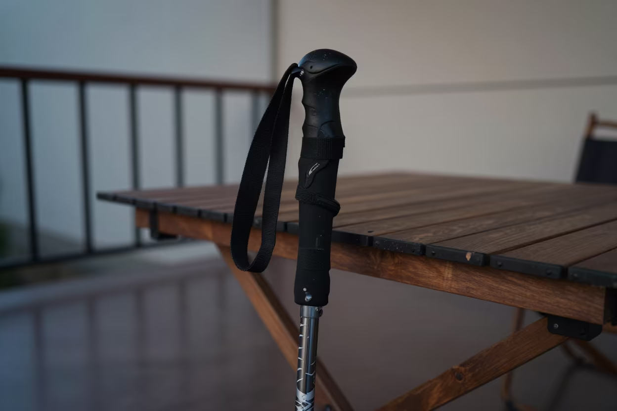 Trekking Pole and Straps on Pier Table in on a pier railing near Raipur