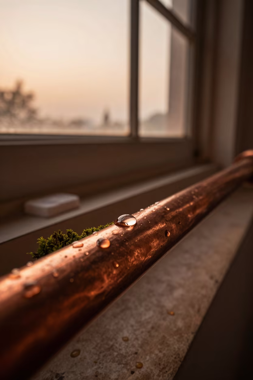 Trembling Dewdrop on Copper Pipe in Autumn Light in on dew-soaked moss in Bikaner