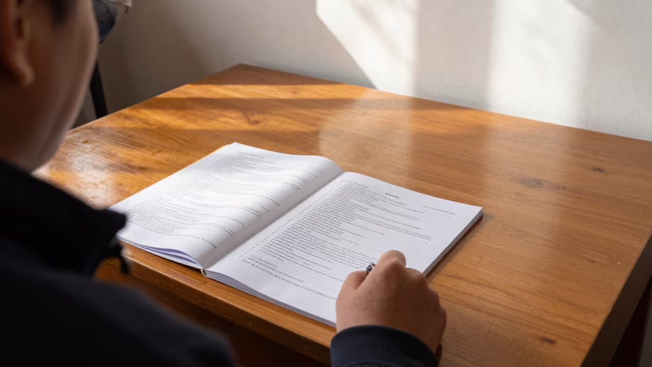 Trembling Hand Closed Booklet Lhasa Exam in at a seminar table covered in notes near Barkhor, Lhasa