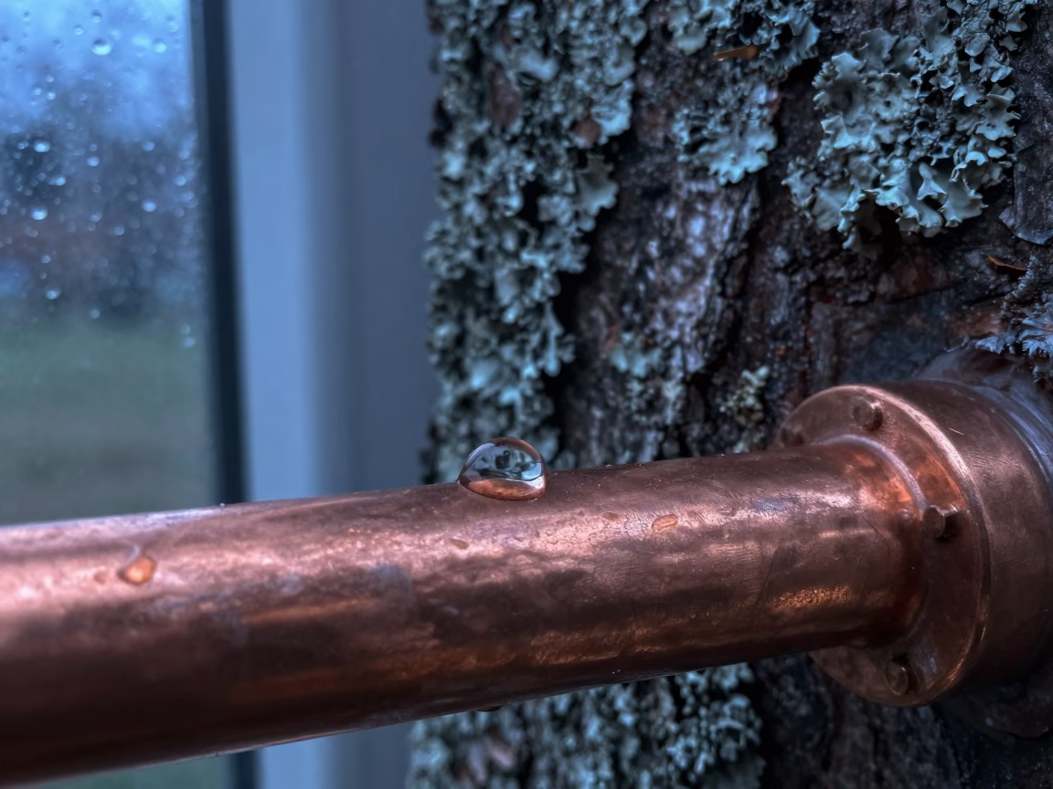 Trembling Water Droplet on Copper Pipe in on lichen-covered bark in Lucknow