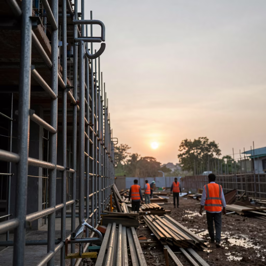 Trench Ladder Hook Rack on Haryana Scaffold in along a scaffolded facade in Haryana