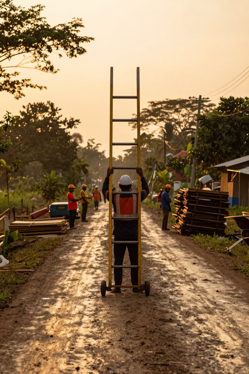 Trench Ladder Hook Rack on Muddy Indonesia Road in at a muddy site access road in Indonesia