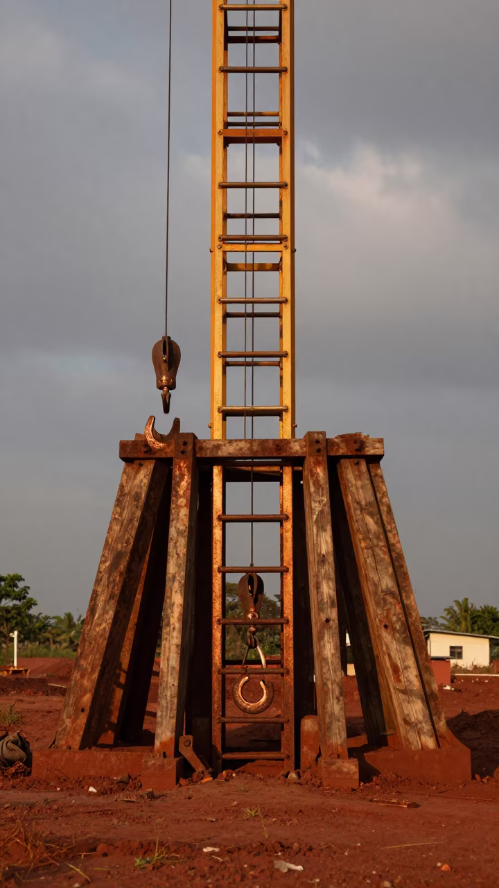 Trench Ladder Hooks Under Crane India in beneath a tower crane on open ground in India