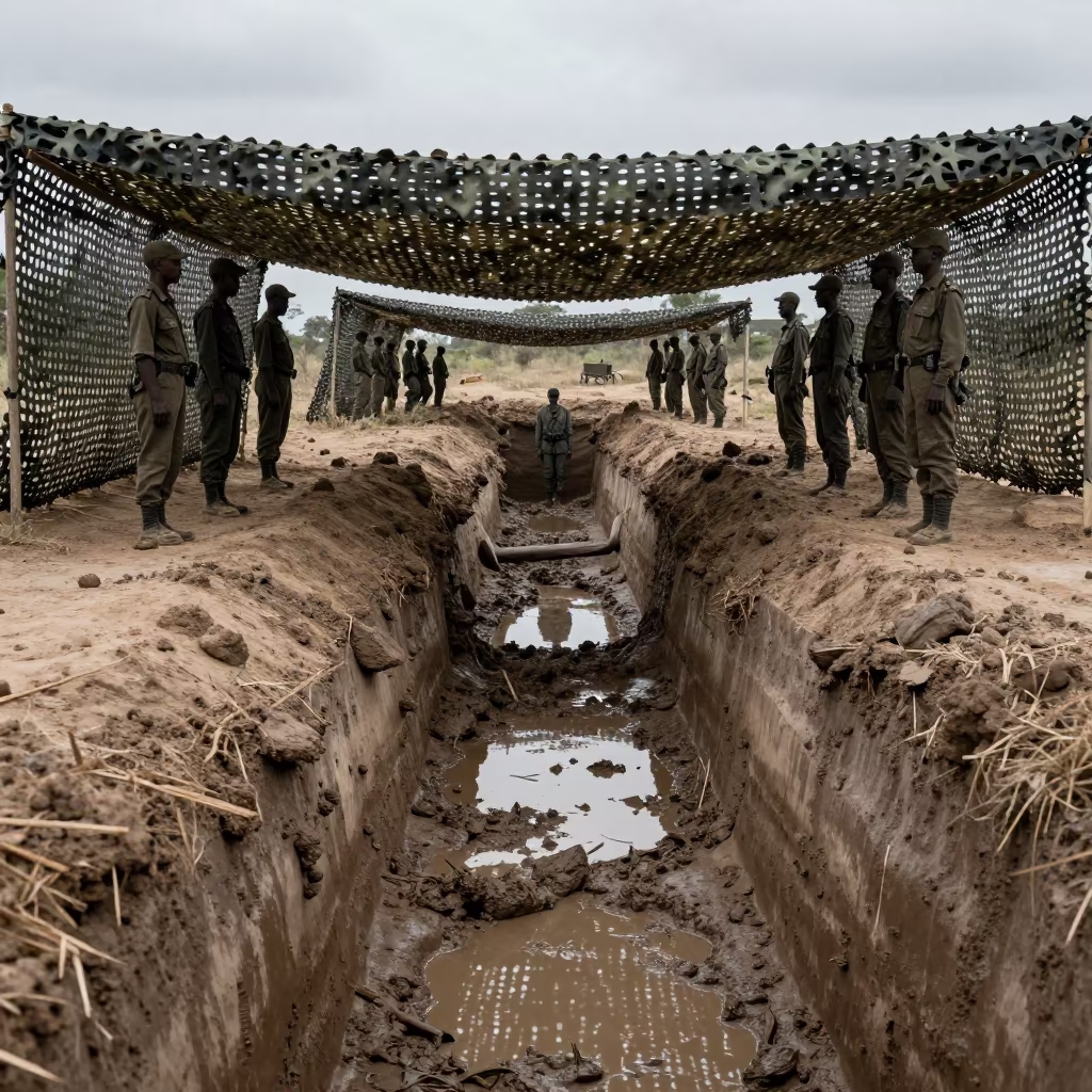 Trench Line Exercise Under Camo Net in beneath a camouflage net shelter in Central African Republic