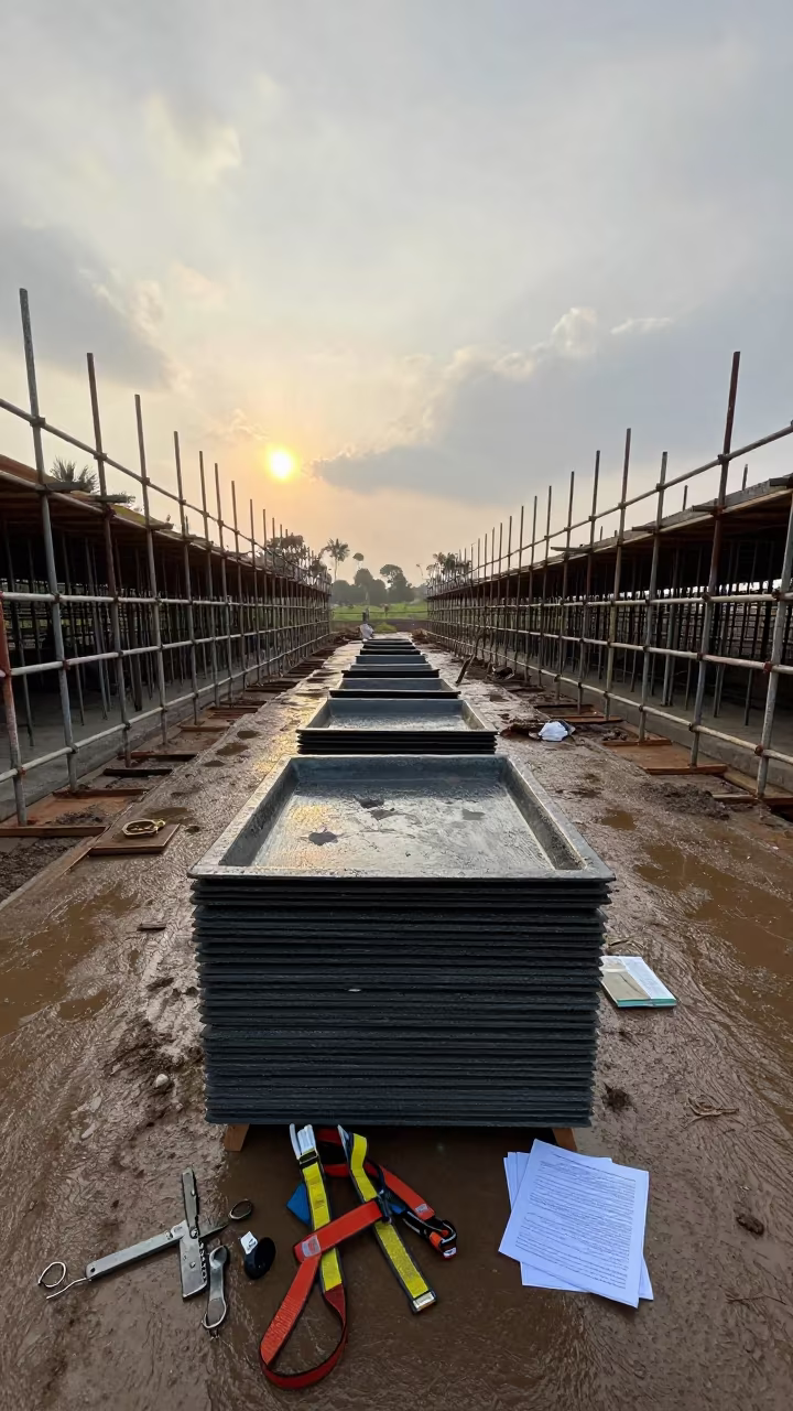 Trench Plates and Tools on Botswana Scaffold at Dawn in along a scaffolded facade in Botswana