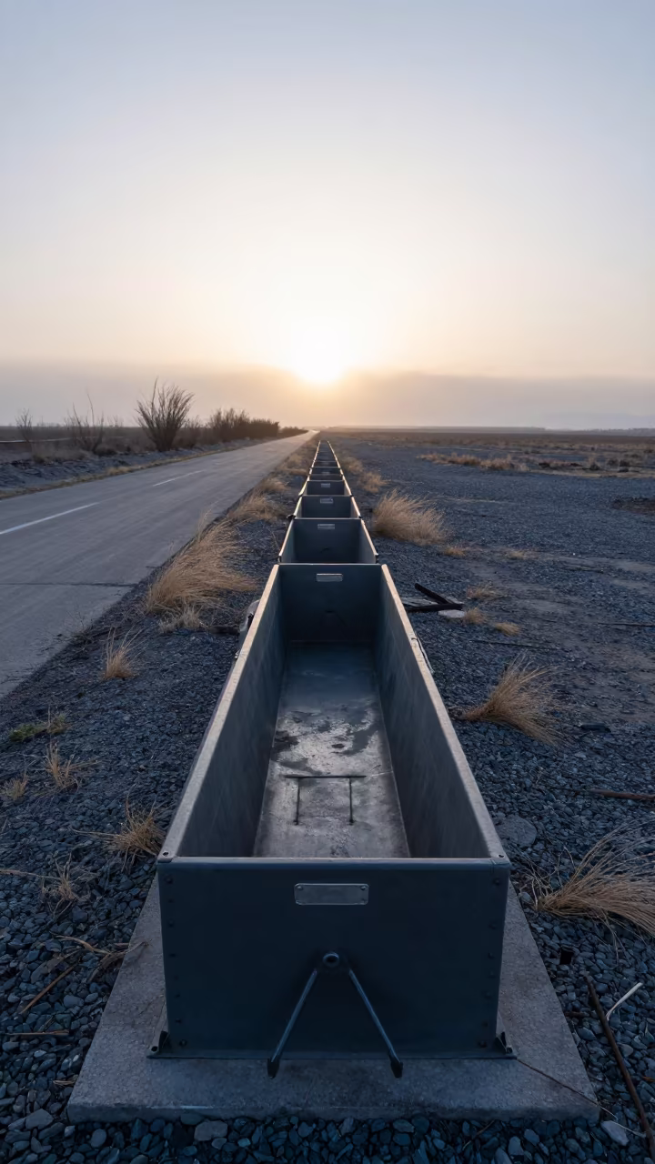 Trench Tool Rack Before Sunrise at Almaty Checkpoint in at a checkpoint lane near Almaty
