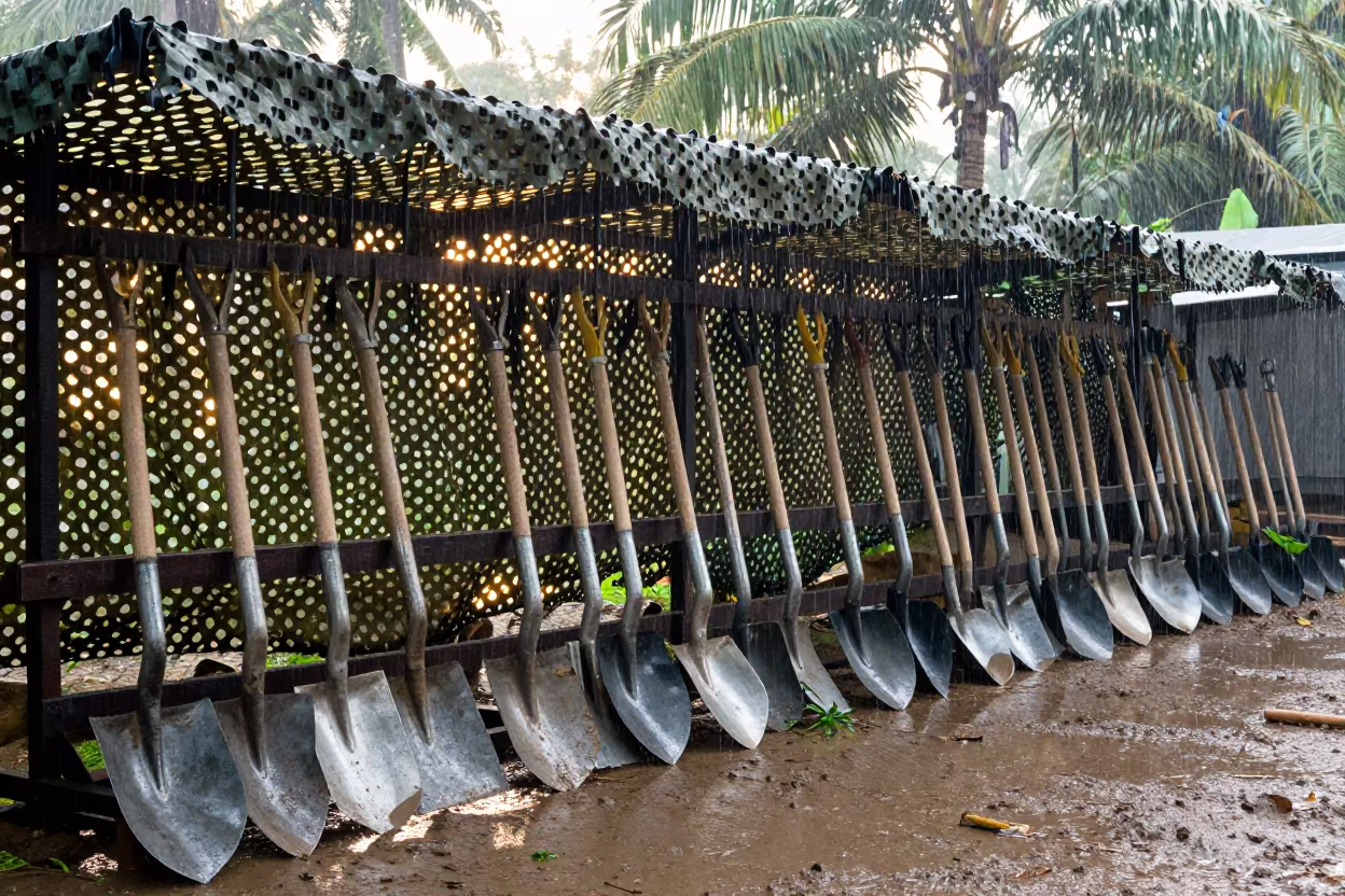 Trench Tool Rack Under Camo Net in Rain in beneath a camouflage net shelter near Barrie