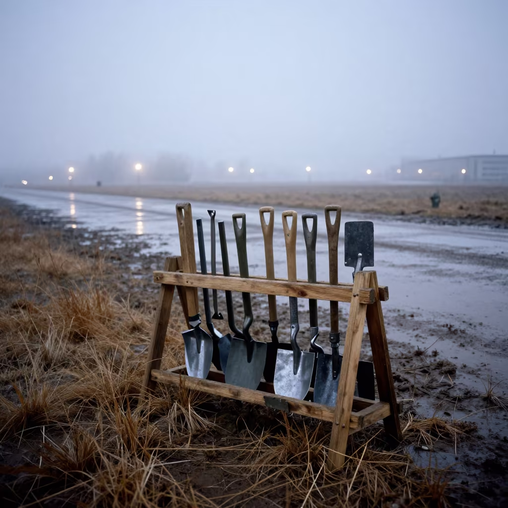Trench Tools on Misty Kyrgyz Airbase in along an airbase flight line in Kyrgyzstan