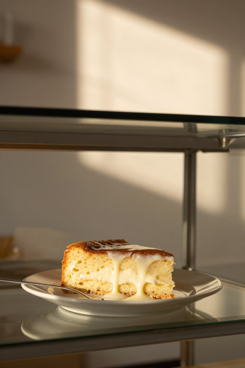 Tres Leches Cake Slice Soaking in Lome Bakery in in a bakery display case in Lome