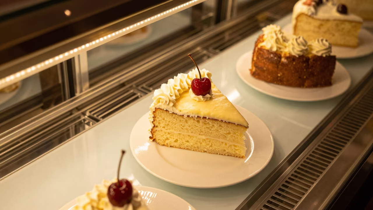 Tres Leches Cake Slice Soaking in Bakery Case in in a bakery display case in Blida
