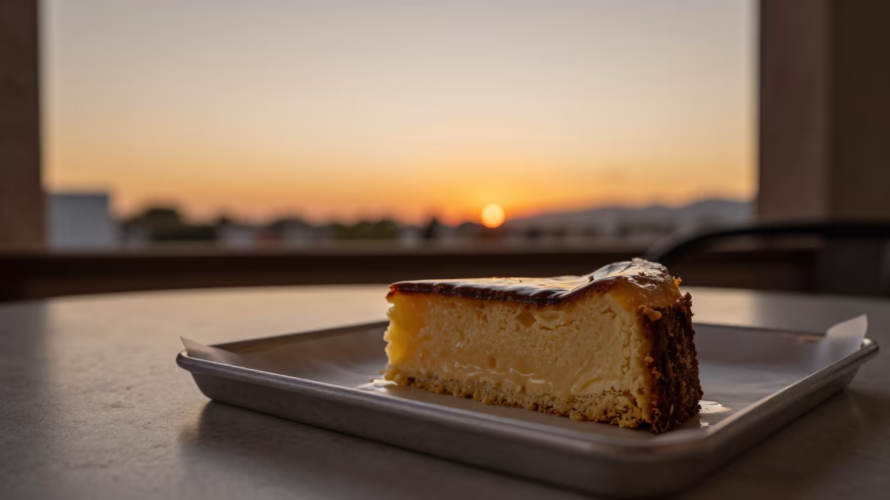 Tres Leches Cake Slice Soaking in Amber Sunset Light in on a parchment-lined pastry tray in Nuevo Laredo