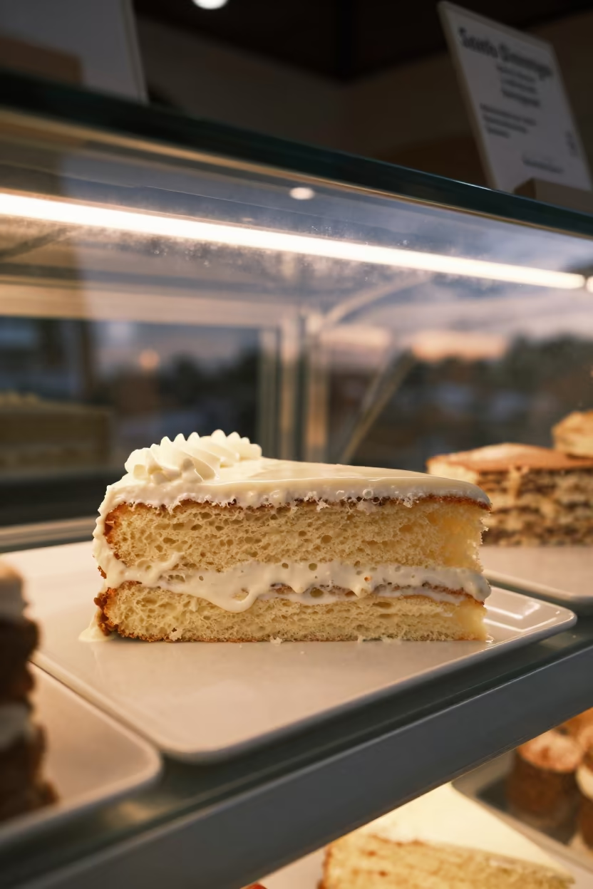 Tres Leches Cake Soaking in Bakery Light in in a bakery display case in Santo Domingo