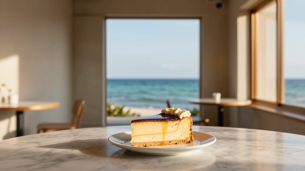 Tres Leches Soaking in Okinawa Golden Hour in on a marble cafe table in Okinawa