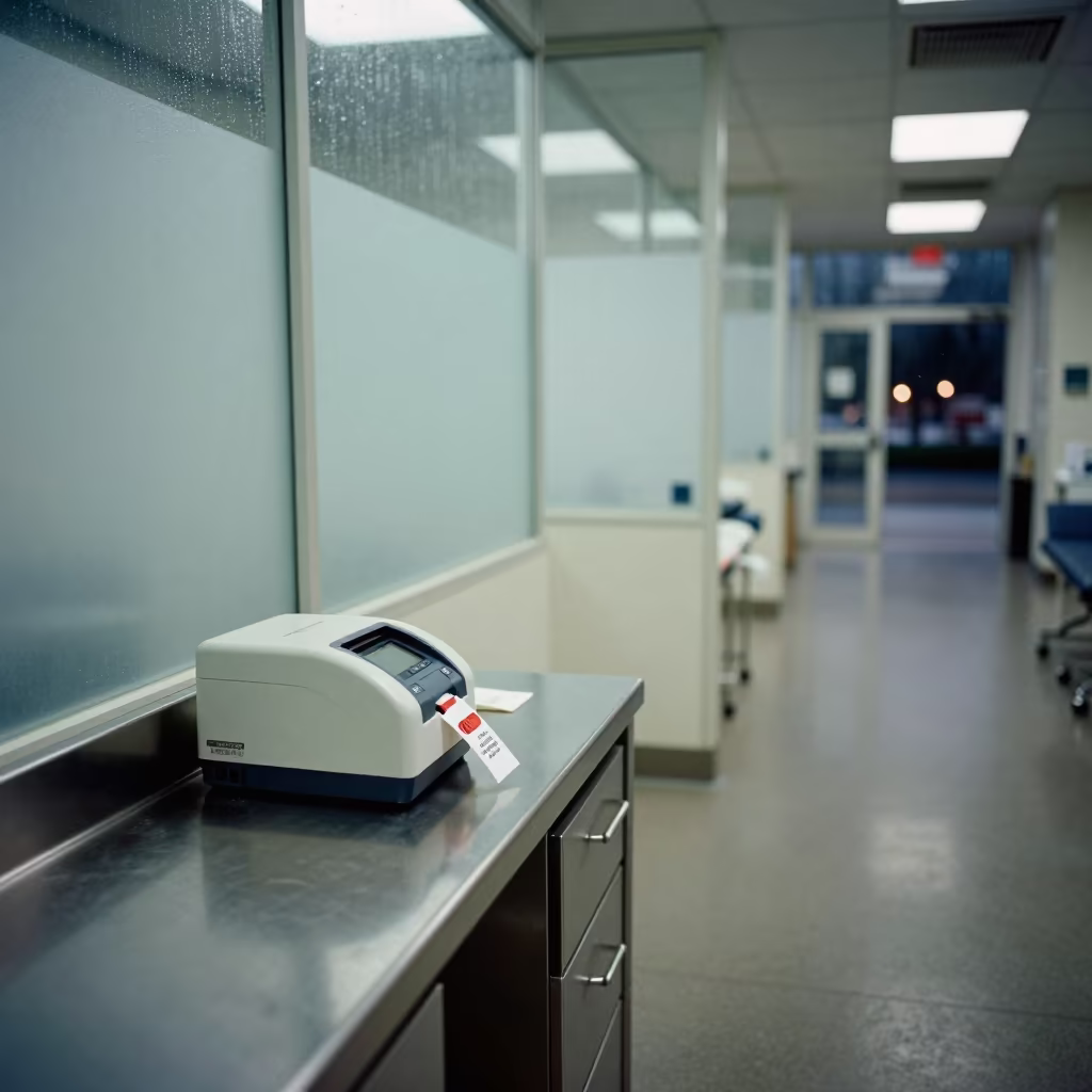 Triage Printer Neon Light Monsoon Clinic Mallawi in inside a clinic exam room near Mallawi
