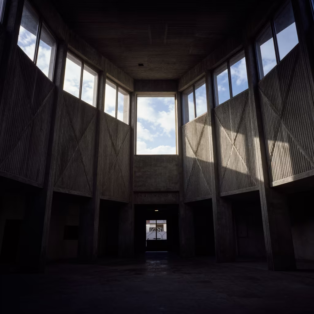 Triangular Panels in Ribbed Concrete Lobby in inside a ribbed concrete lobby near Taza
