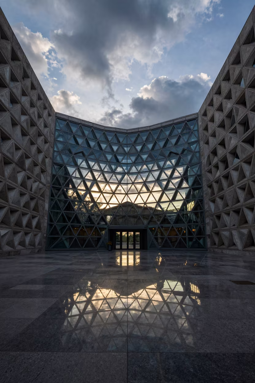 Triangular Panels Silhouette Berat Atrium in inside a vaulted atrium in Berat