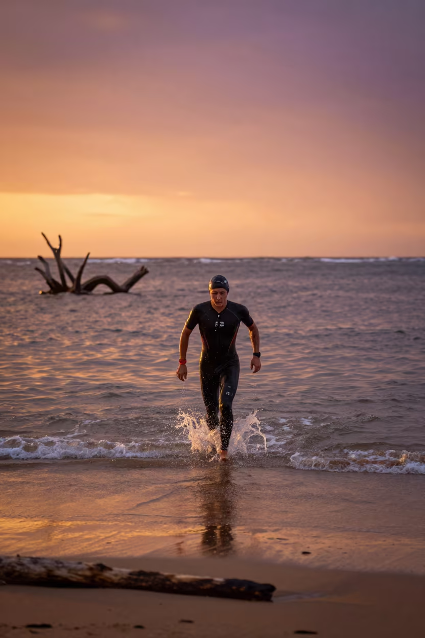Triathlete Emerges from Water at Monrovia Beach in along a beach near Monrovia