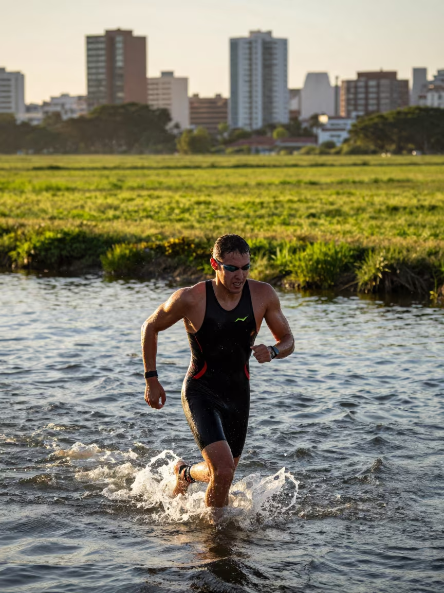 Triathlete Emerging From Water Late Afternoon Sun in near open fields near Palermo Hollywood, Buenos Aires